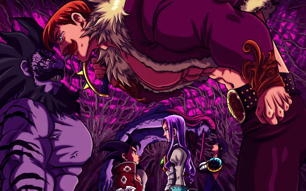 HD desktop wallpaper of characters from The Seven Deadly Sins anime, featuring Cusack, Chandler, Zeldris, Escanor, Ludociel, and Merlin in a dramatic confrontation with a vibrant, intense background.