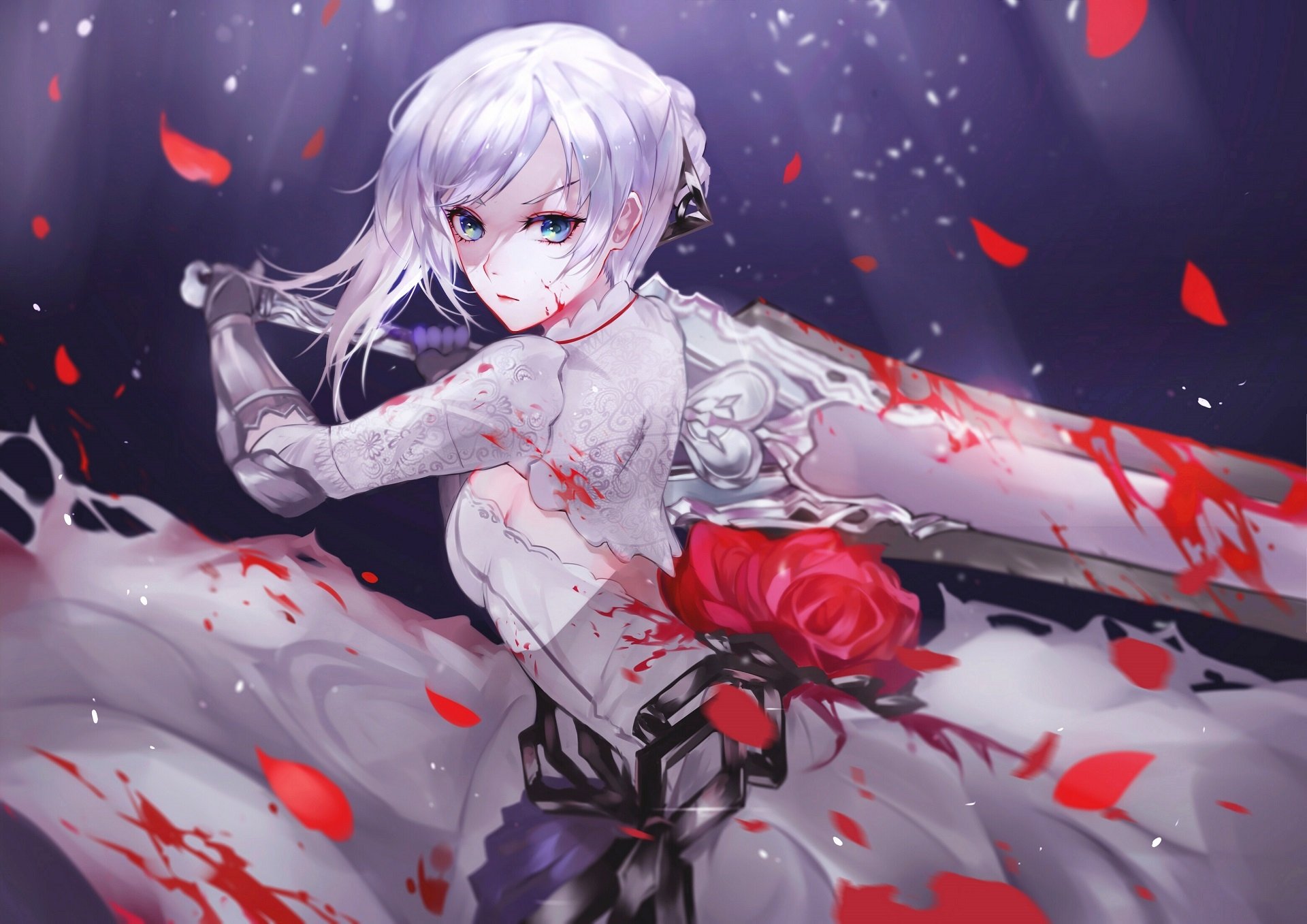 HD PC desktop wallpaper featuring a white-haired character from the video game SINoALICE, surrounded by red rose petals and dark, atmospheric background elements.