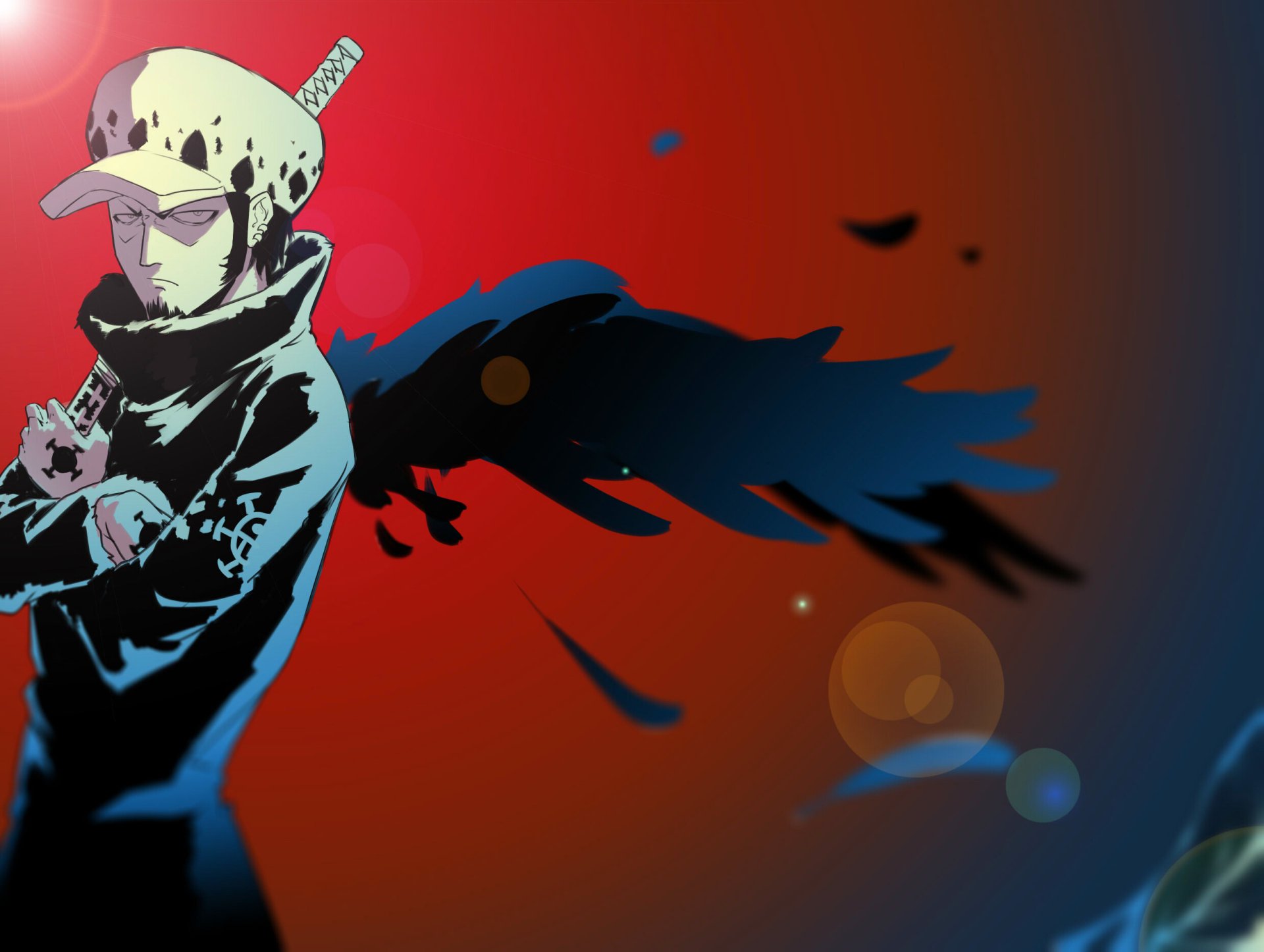 Trafalgar Law from the anime One Piece in an HD PC desktop wallpaper background — stylized portrait with a dark torn-shadow wing over a red-to-blue gradient.