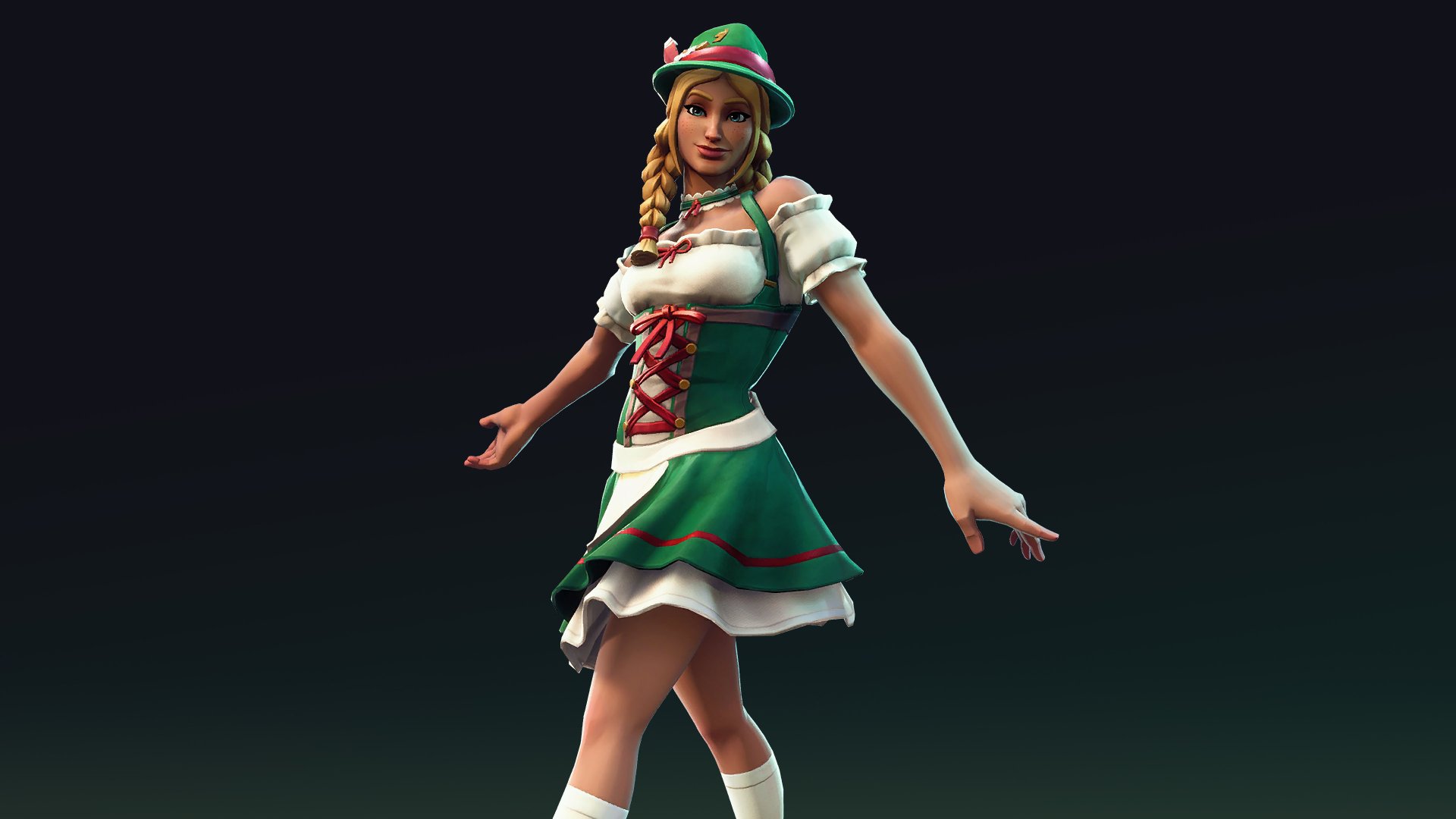 4K Ultra HD Fortnite video game wallpaper featuring a female character in a festive green and white outfit with braided hair against a dark background.
