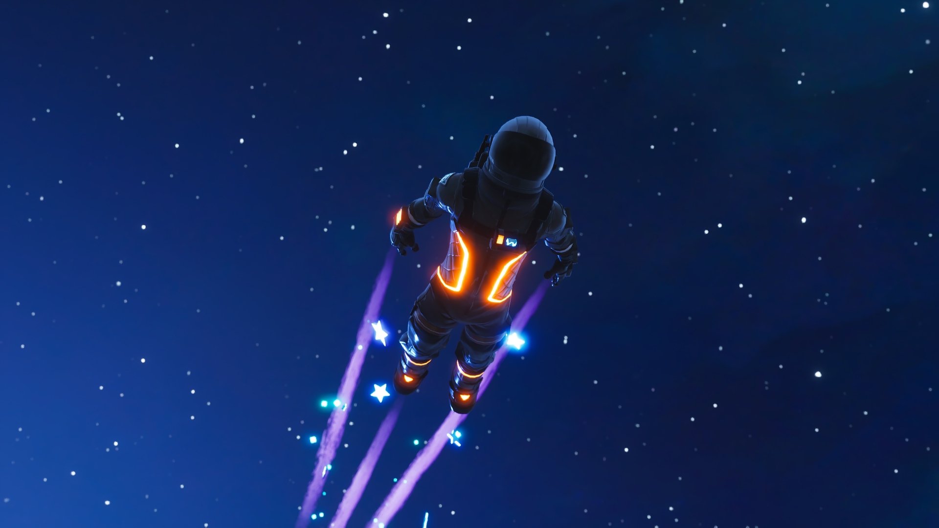 4K Ultra HD Fortnite wallpaper showing a glowing astronaut character jetpacking through a starry night sky, designed as a vibrant PC desktop background.