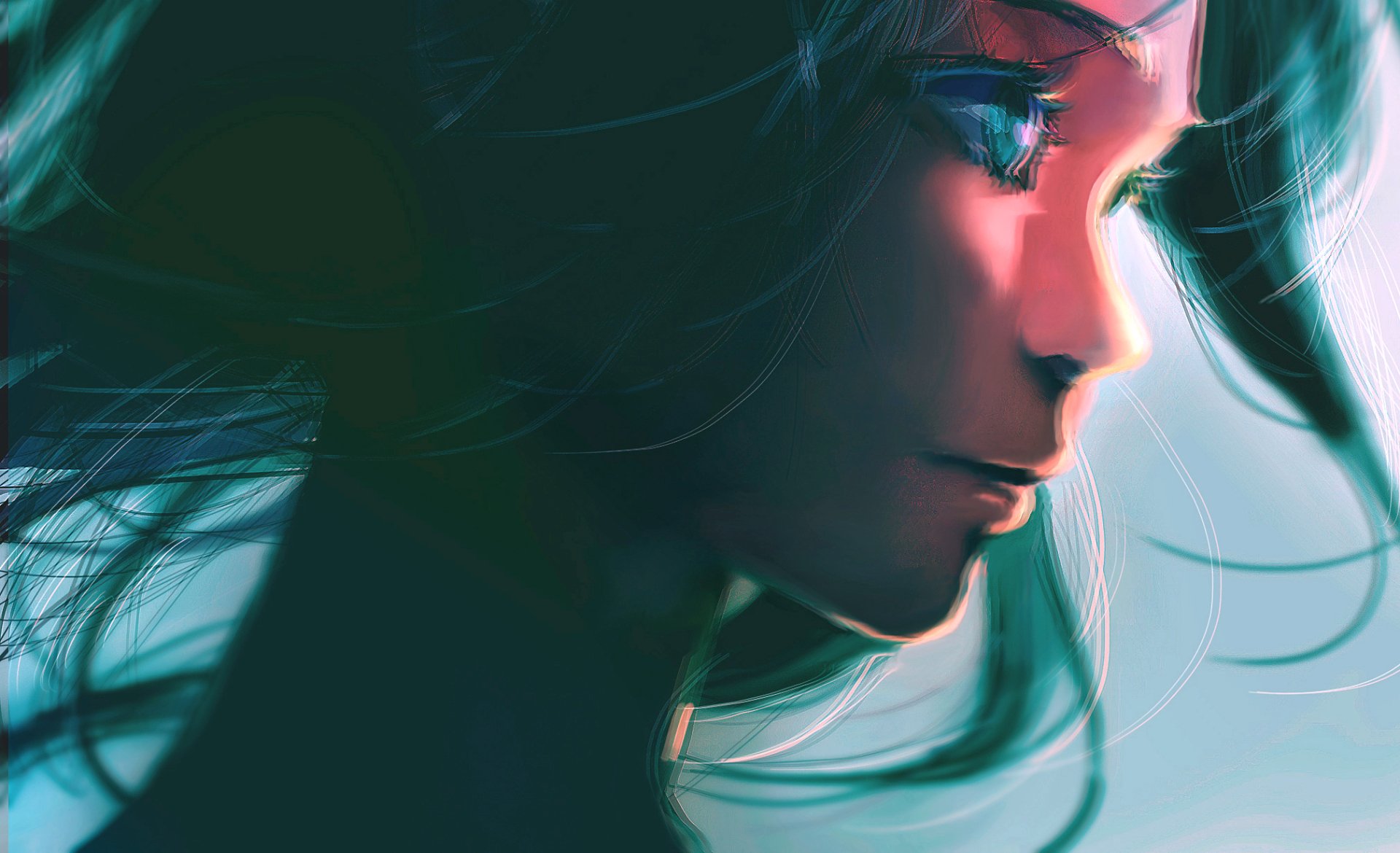 HD anime desktop wallpaper of an original character in profile with long black hair and glowing blue eyes, soft teal lighting and flowing strands.