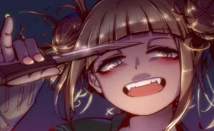 Himiko Toga from My Hero Academia grins mischievously, holding a sharp blade close to her face in this HD anime desktop wallpaper.