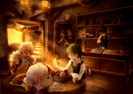 HD PC desktop wallpaper featuring Ochaco Uraraka, Izuku Midoriya, Katsuki Bakugou, Shoto Todoroki, and Fumikage Tokoyami from the anime My Hero Academia in a cozy rustic setting.