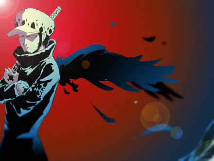Trafalgar Law from the anime One Piece in an HD PC desktop wallpaper background — stylized portrait with a dark torn-shadow wing over a red-to-blue gradient.