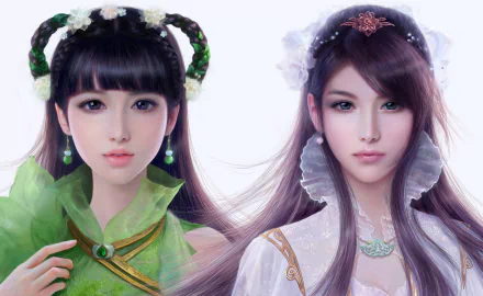 Fantasy HD PC desktop wallpaper/background showing two elegant women: one in green with braided hair and jade jewelry, the other in white with flowing hair and an ornate collar.
