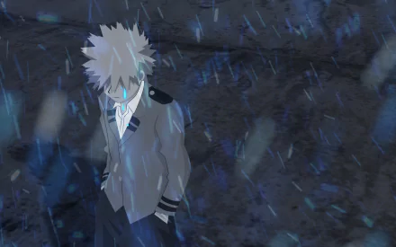 HD PC desktop wallpaper of Katsuki Bakugou from My Hero Academia (anime), standing in rain with a blue glow and a moody background