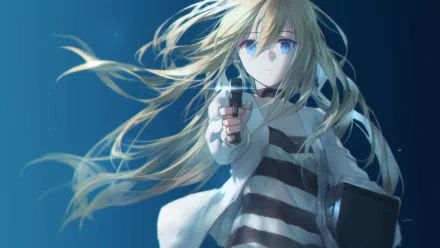 HD desktop wallpaper of Rachel Gardner from the anime Satsuriku no Tenshi (Angels of Death), featuring her with flowing blonde hair, holding a gun, and a determined expression.
