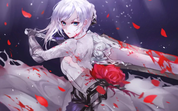 HD PC desktop wallpaper featuring a white-haired character from the video game SINoALICE, surrounded by red rose petals and dark, atmospheric background elements.