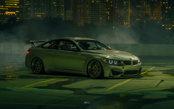 HD PC desktop wallpaper featuring a BMW M4 GT4 from Gran Turismo Sport, showcasing the sleek design of the BMW M4 against a nighttime cityscape background.