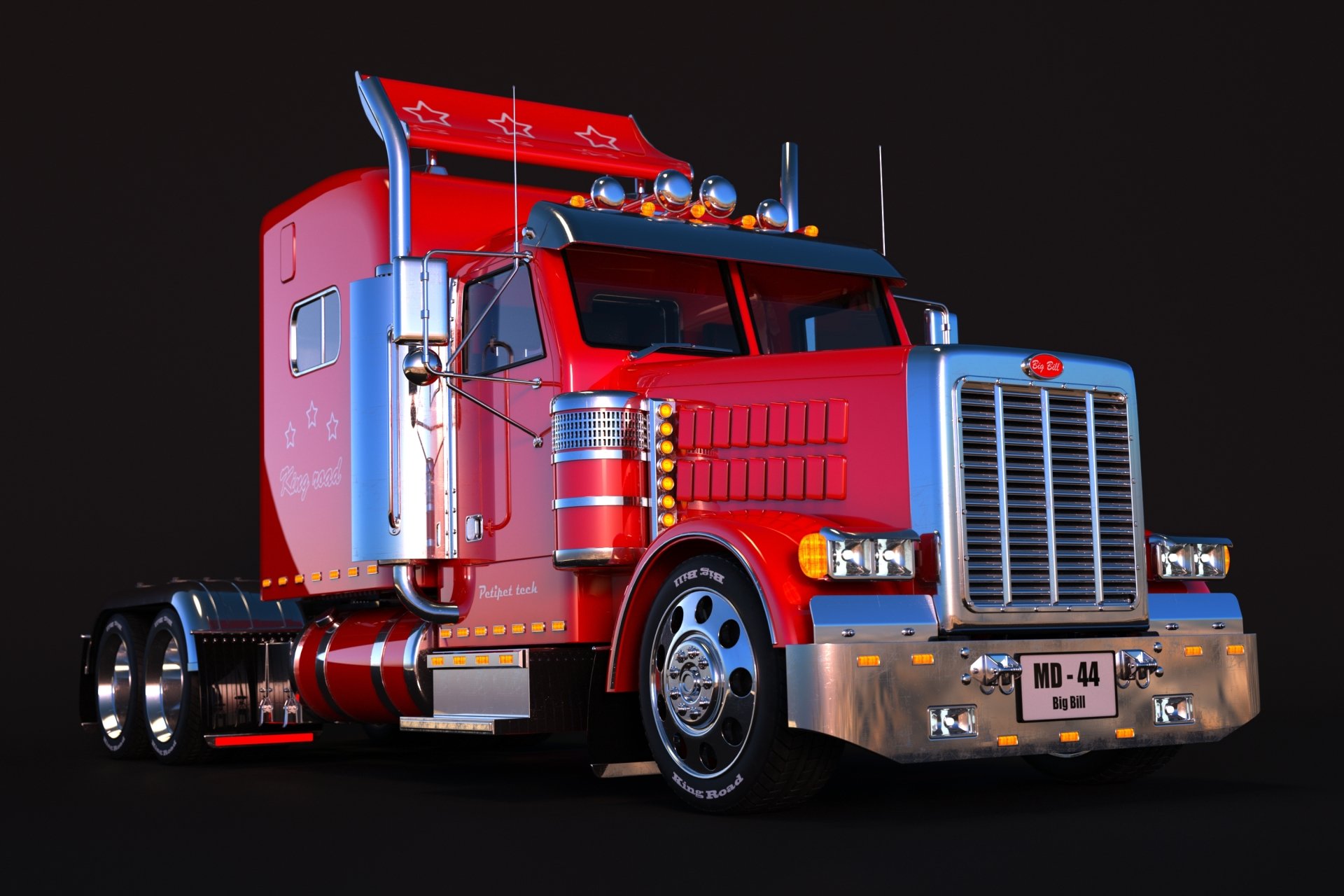 HD desktop wallpaper featuring a detailed red Peterbilt truck against a black background, highlighting the vehicle's sleek design and polished chrome accents.