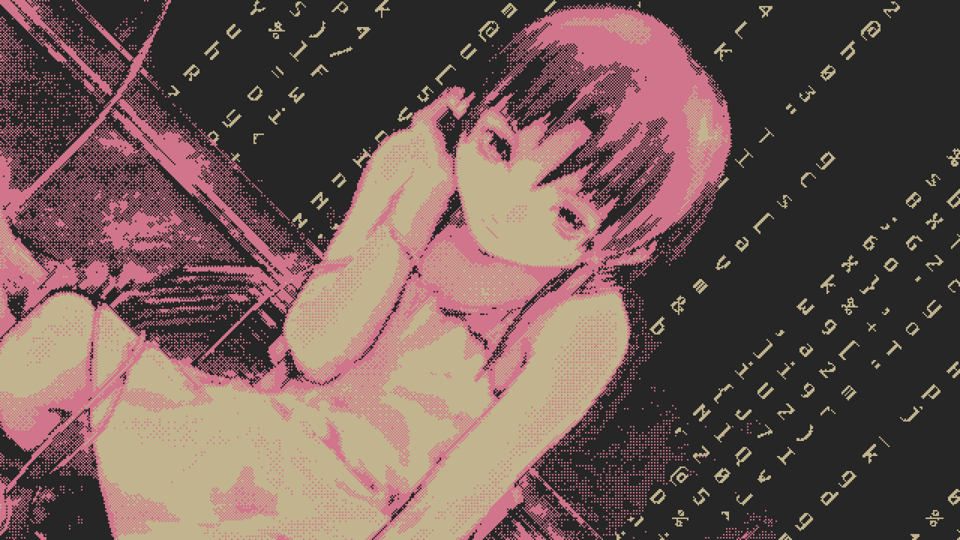 HD pixel art wallpaper featuring Lain Iwakura from the anime series Serial Experiments Lain, with a nostalgic retro feel.
