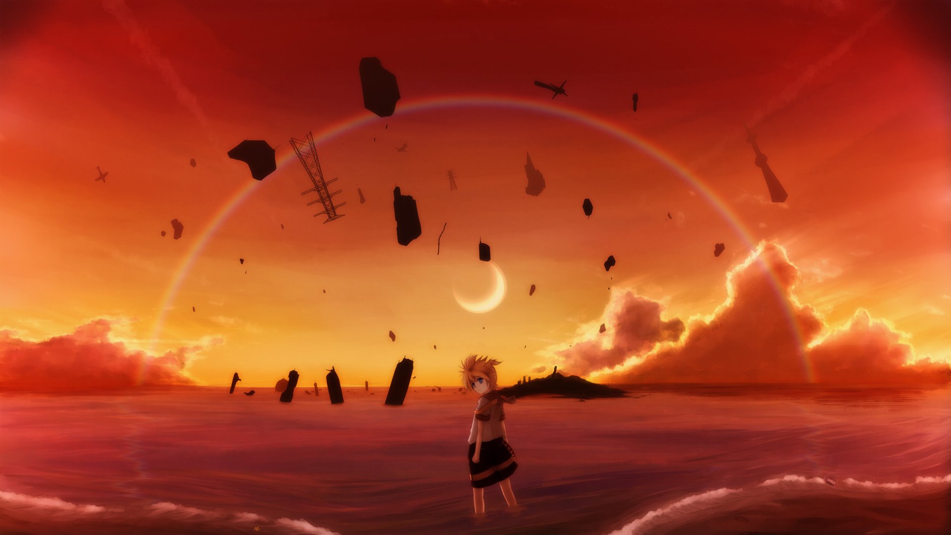A HD desktop wallpaper featuring the Vocaloid character Len Kagamine standing in a surreal, dreamlike ocean scene at sunset with floating debris and a crescent moon above.