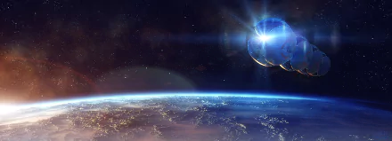 HD sci-fi desktop wallpaper depicting a futuristic spaceship glowing with blue light, orbiting above a detailed Earth view from space.