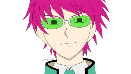 HD PC desktop wallpaper of Saiki Kusuo from the anime The Disastrous Life of Saiki K., featuring his distinctive pink hair and green-tinted glasses in a clean, minimal style.