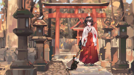 An anime-style illustration featuring a shrine maiden in a kimono, standing in a serene shrine setting accompanied by a cat. This HD desktop wallpaper captures a tranquil, autumnal atmosphere.
