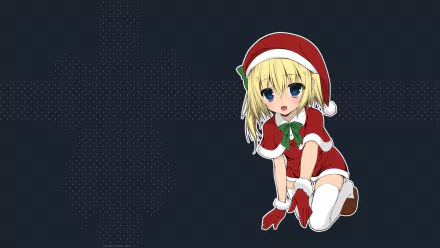 Anime Touhou Christmas wallpaper: blonde girl in a red Santa outfit kneeling with blue eyes and ribbon on a dark dotted HD PC desktop background.