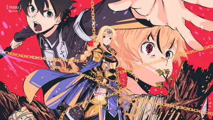 HD desktop wallpaper featuring Alice Zuberg, Eugeo, and Kirito from Sword Art Online: Alicization. The characters are depicted with chains and swords against a vibrant background, highlighting intense expressions.