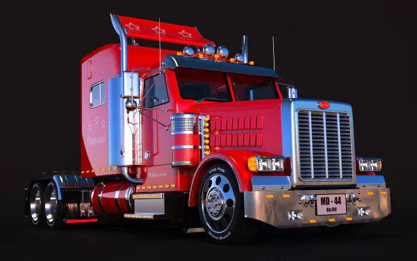 HD desktop wallpaper featuring a detailed red Peterbilt truck against a black background, highlighting the vehicle's sleek design and polished chrome accents.