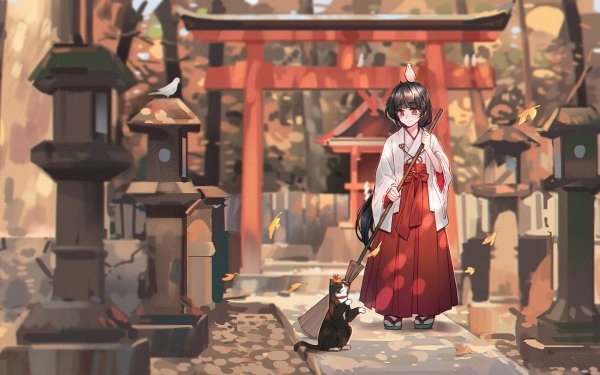 Anime Original Shrine Shrine Maiden Kimono Cat HD Wallpaper | Background Image