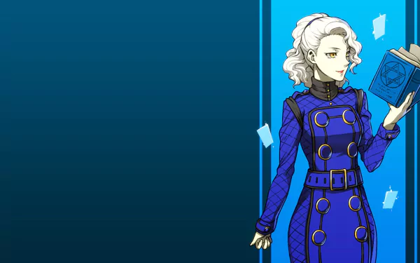 HD PC desktop wallpaper featuring Margaret from the video game Persona 4, depicted in her signature blue outfit holding a book against a minimalist blue background.