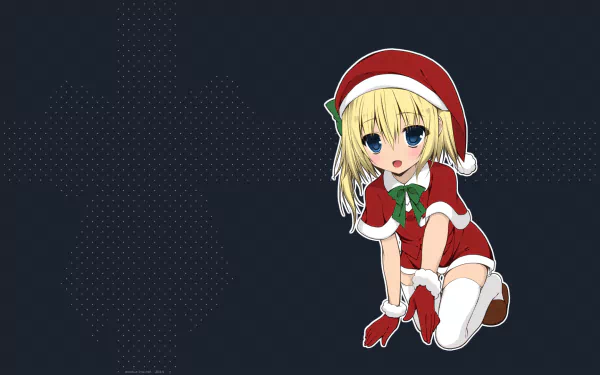 Anime Touhou Christmas wallpaper: blonde girl in a red Santa outfit kneeling with blue eyes and ribbon on a dark dotted HD PC desktop background.