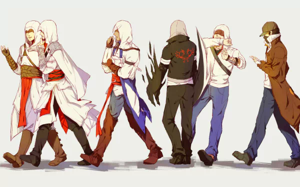 4K Ultra HD desktop wallpaper featuring stylized characters from the Assassin's Creed video game series walking in a line against a light background.