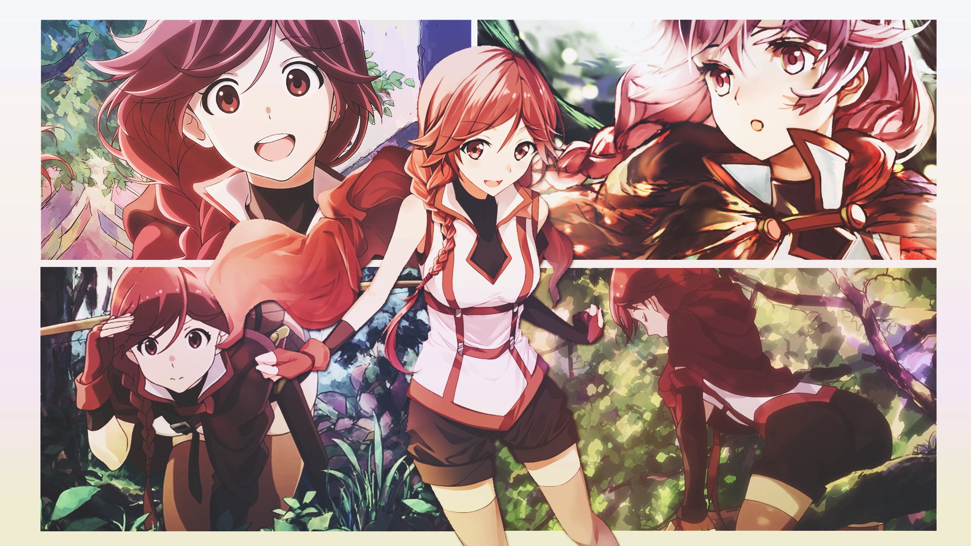 Yume (Grimgar of Fantasy and Ash) anime collage: multiple poses of Yume against a lush forest backdrop — HD PC desktop wallpaper/background.