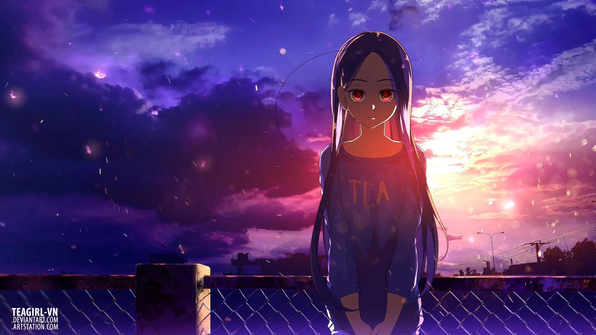 Download Town Roof Red Eyes Cloud Sunset Anime Original Anime Sunset 4k Ultra HD Wallpaper by Tea Girl