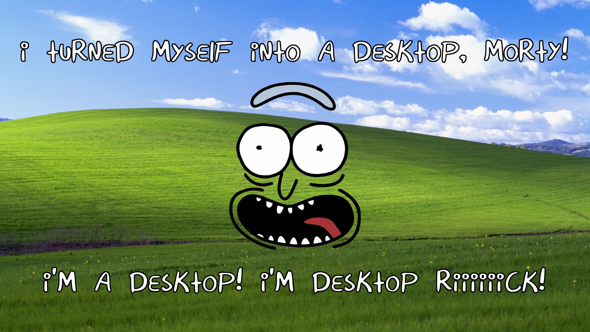 4K Ultra HD PC wallpaper of Rick Sanchez (Rick and Morty) over a green grassy hill, with comic text: 'turned myself into a desktop, Morty' and 'I'm a desktop! I'm desktop Riiiiiick!'