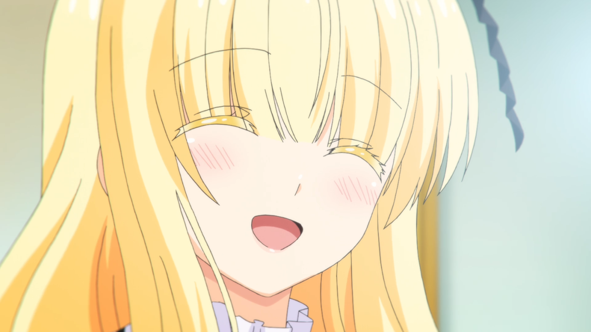 Anime HD PC desktop wallpaper from Boarding School Juliet: blushing, smiling blonde girl with closed eyes and flowing hair, bright pastel background.