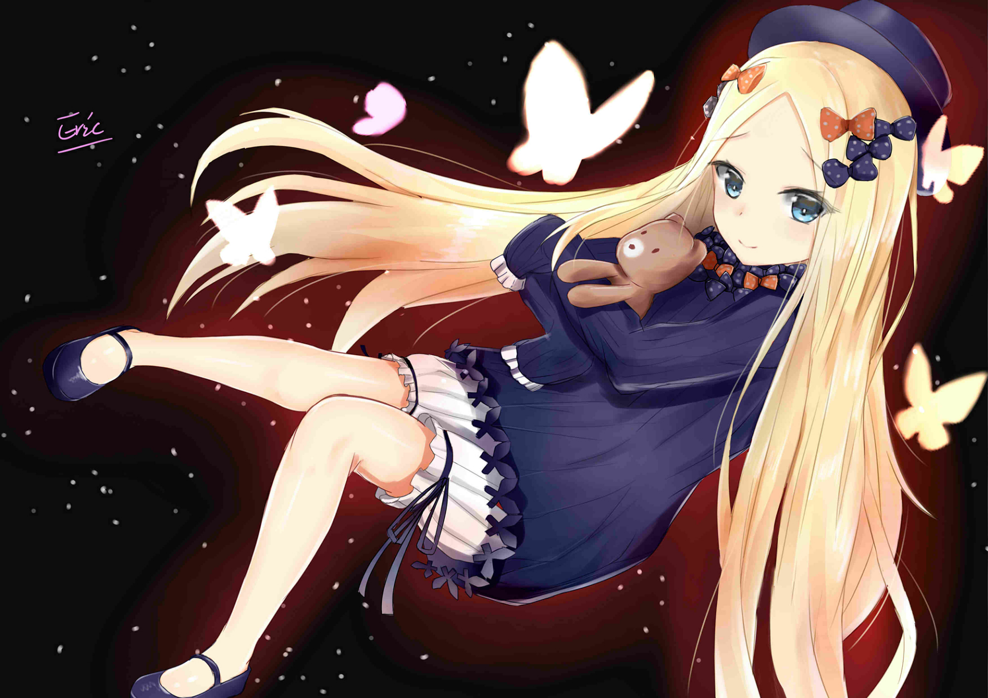 HD PC desktop wallpaper/background: Abigail Williams (Fate/Grand Order) — anime-style long blonde girl in a navy dress clutching a teddy, floating amid glowing butterflies on a dark starry backdrop.