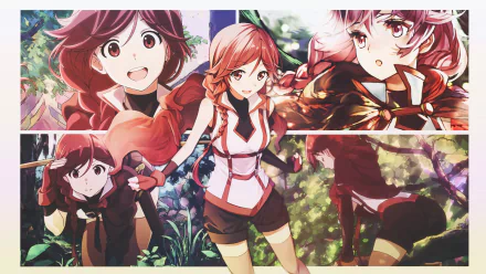 Yume (Grimgar of Fantasy and Ash) anime collage: multiple poses of Yume against a lush forest backdrop — HD PC desktop wallpaper/background.