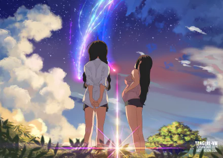 Anime-style 4K Ultra HD wallpaper depicting two girls under a starry sky with clouds and a vibrant shooting star, inspired by the movie Your Name.
