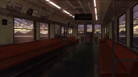 HD anime-style original artwork depicting an empty train interior at dusk, designed as a PC desktop wallpaper and background.