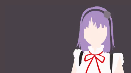 Minimalist vector HD PC wallpaper: faceless Shidare Hotaru (Dagashi Kashi) with purple hair, headband and red bow on a white dress against a muted dark background.