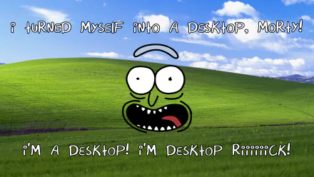 4K Ultra HD PC wallpaper of Rick Sanchez (Rick and Morty) over a green grassy hill, with comic text: 'turned myself into a desktop, Morty' and 'I'm a desktop! I'm desktop Riiiiiick!'