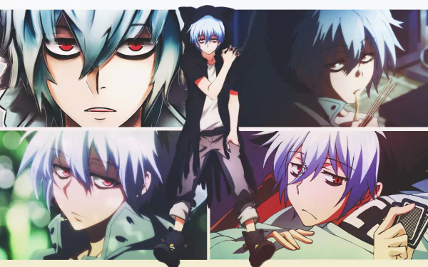 HD PC desktop wallpaper of Sleepy Ash from Servamp in multiple sleepy and serious poses, collage-style anime art with cool blue tones.