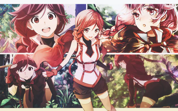 Yume (Grimgar of Fantasy and Ash) anime collage: multiple poses of Yume against a lush forest backdrop — HD PC desktop wallpaper/background.