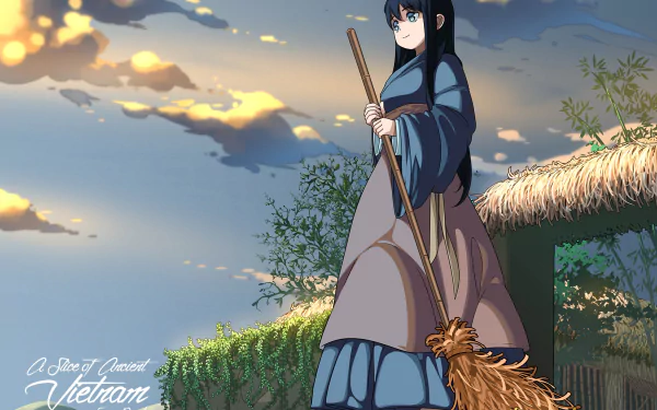 long hair black hair blue eyes broom Anime Original HD Desktop Wallpaper | Background Image