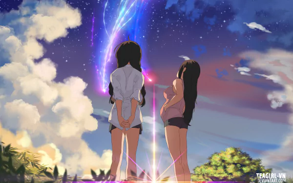 Anime-style 4K Ultra HD wallpaper depicting two girls under a starry sky with clouds and a vibrant shooting star, inspired by the movie Your Name.