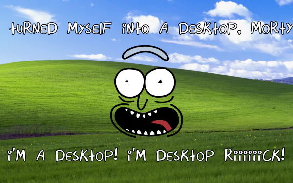 4K Ultra HD PC wallpaper of Rick Sanchez (Rick and Morty) over a green grassy hill, with comic text: 'turned myself into a desktop, Morty' and 'I'm a desktop! I'm desktop Riiiiiick!'