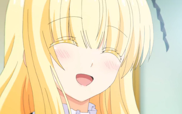 Anime HD PC desktop wallpaper from Boarding School Juliet: blushing, smiling blonde girl with closed eyes and flowing hair, bright pastel background.