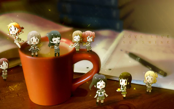 Chibi versions of Riko Sakurauchi, Chika Takami, You Watanabe, and others from Love Live! Sunshine!! around an orange mug on a desk with papers and a pen, HD wallpaper.