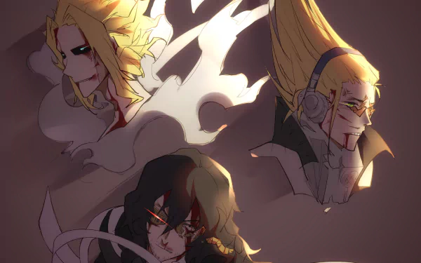 2K Quad HD My Hero Academia desktop wallpaper showing Present Mic, All Might and Shouta Aizawa in dramatic, moody portrait style.