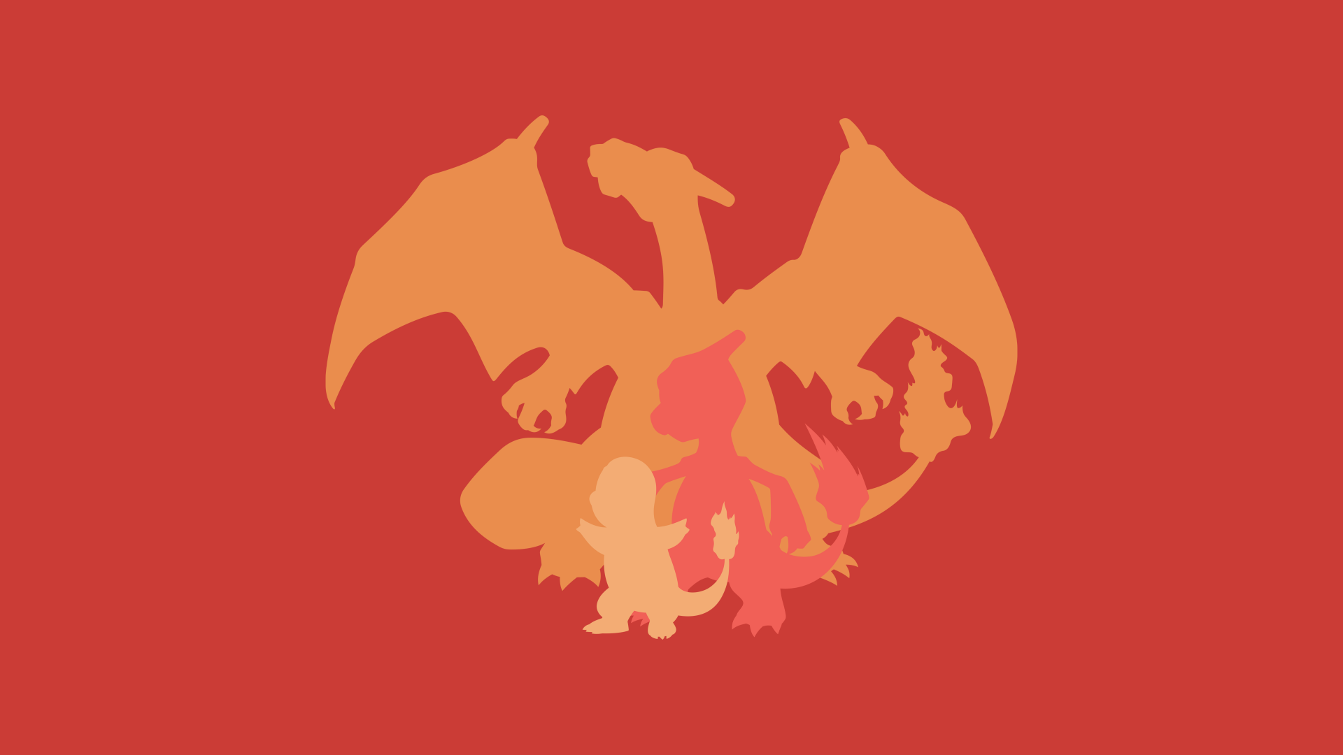 Minimalist 4K Ultra HD Pokémon wallpaper featuring silhouettes of Charmander, Charmeleon, and Charizard on a solid red background.