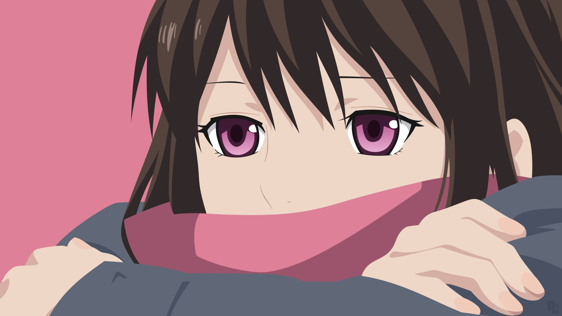 Close-up of Hiyori Iki from Noragami with pink eyes and scarf, rendered in 4K Ultra HD anime style for PC desktop wallpaper and background.