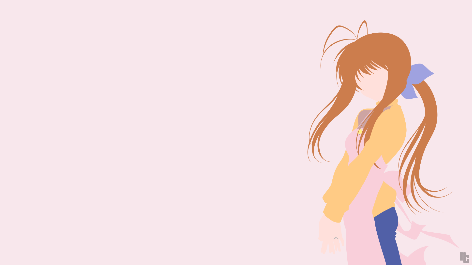 HD PC desktop wallpaper of Sanae Furukawa (Clannad) — minimalist pastel pink background with a stylized side-profile silhouette, flowing brown hair, and soft anime shading.
