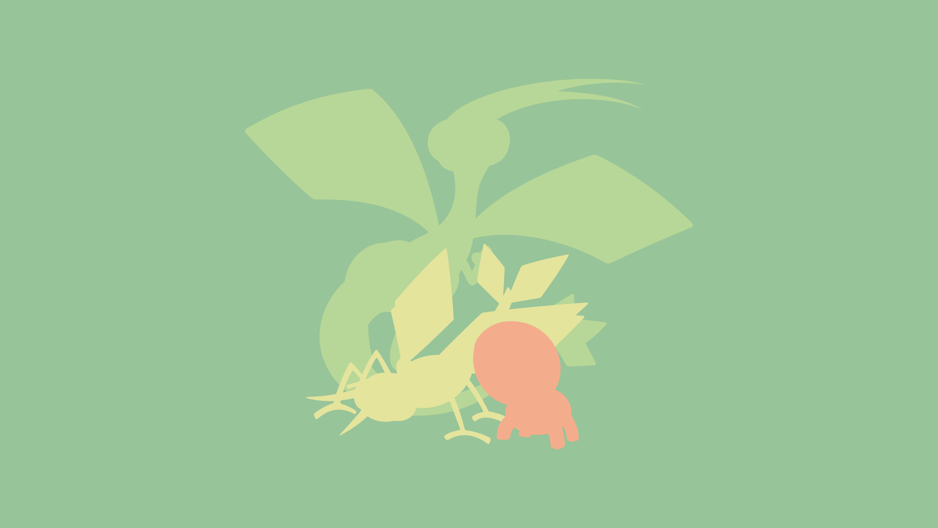 Minimalist anime-style 4K Ultra HD PC desktop wallpaper showing Flygon, Vibrava, and Trapinch as soft green and coral silhouettes on a muted green background.