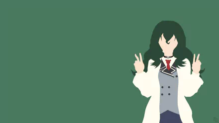 HD PC desktop wallpaper featuring Hyouka Fuwa from the anime Shimoneta, depicted with long dark hair, a school uniform, and making a double peace sign on a green background.